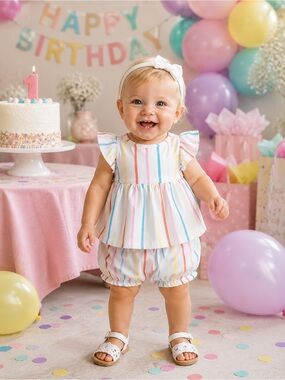Jessica Simpson White Baby Matching Set with Pink, Yellow, Blue, Green Stripes